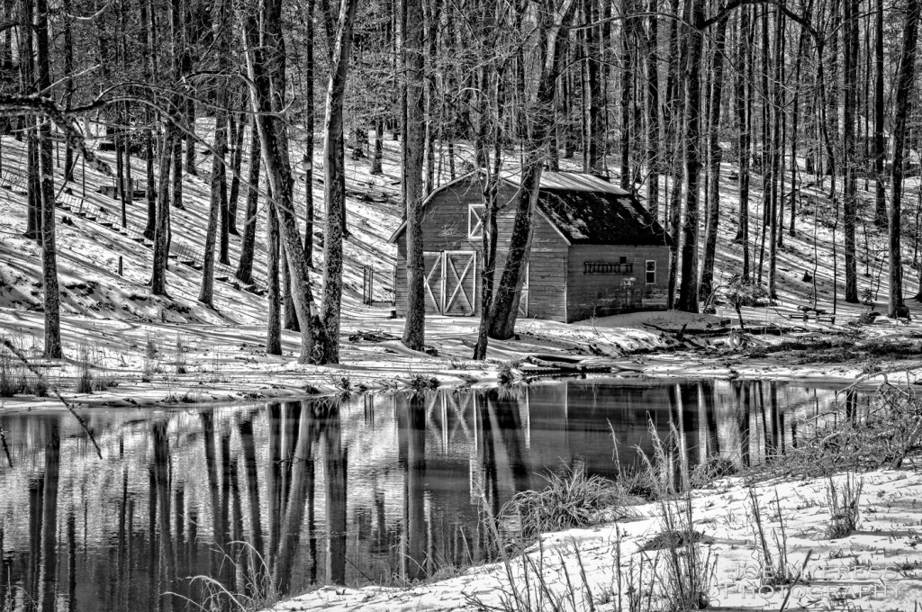 Barn on Pond in BW